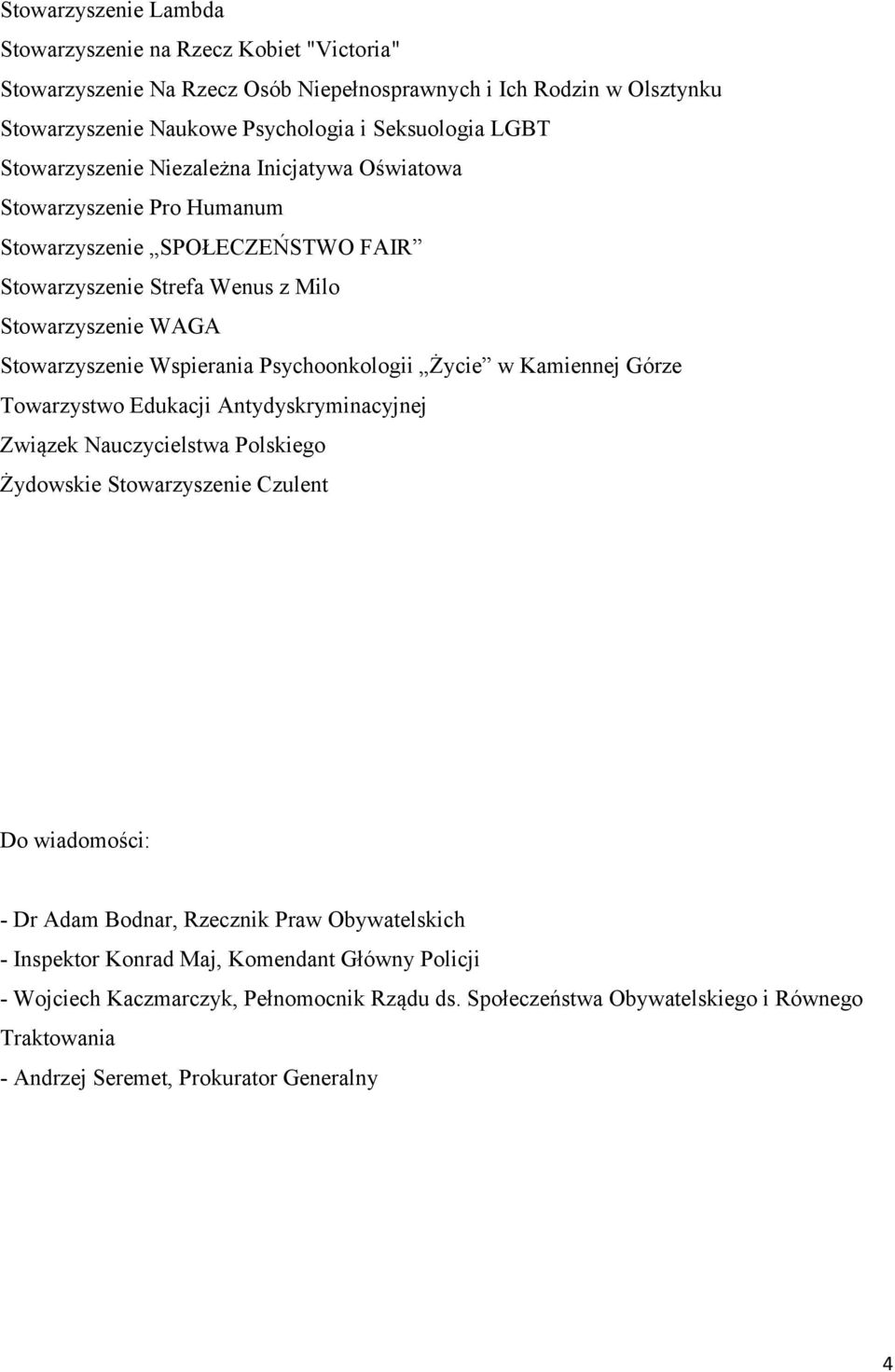 Psychoonkologii Życie w Kamiennej Górze Towarzystwo Edukacji Antydyskryminacyjnej Związek Nauczycielstwa Polskiego Żydowskie Stowarzyszenie Czulent Do wiadomości: - Dr Adam Bodnar, Rzecznik