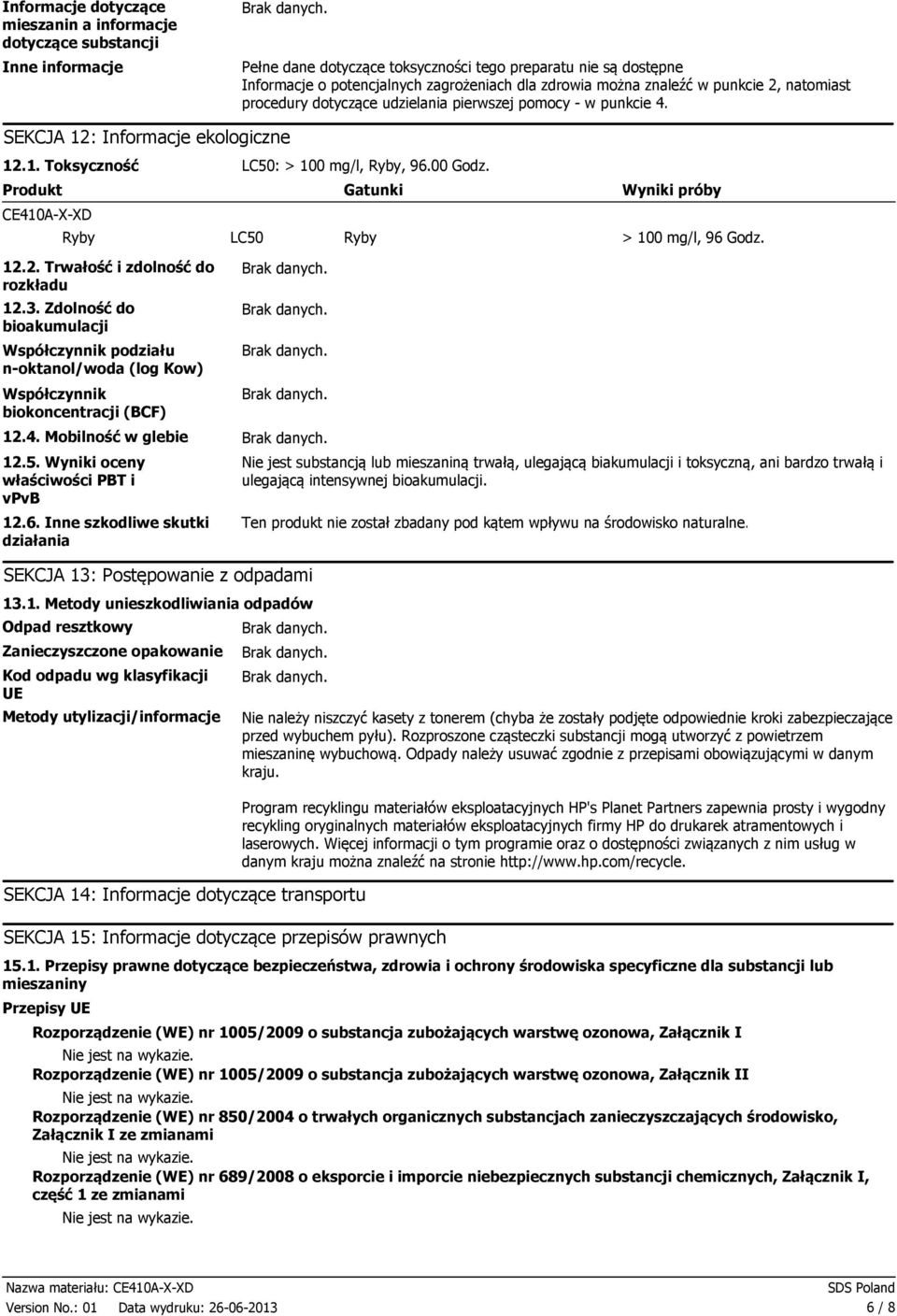 Produkt Gatunki Wyniki próby CE410AXXD Ryby LC50 Ryby > 100 mg/l, 96 Godz. 12.2. Trwałość i zdolność do rozkładu 12.3.