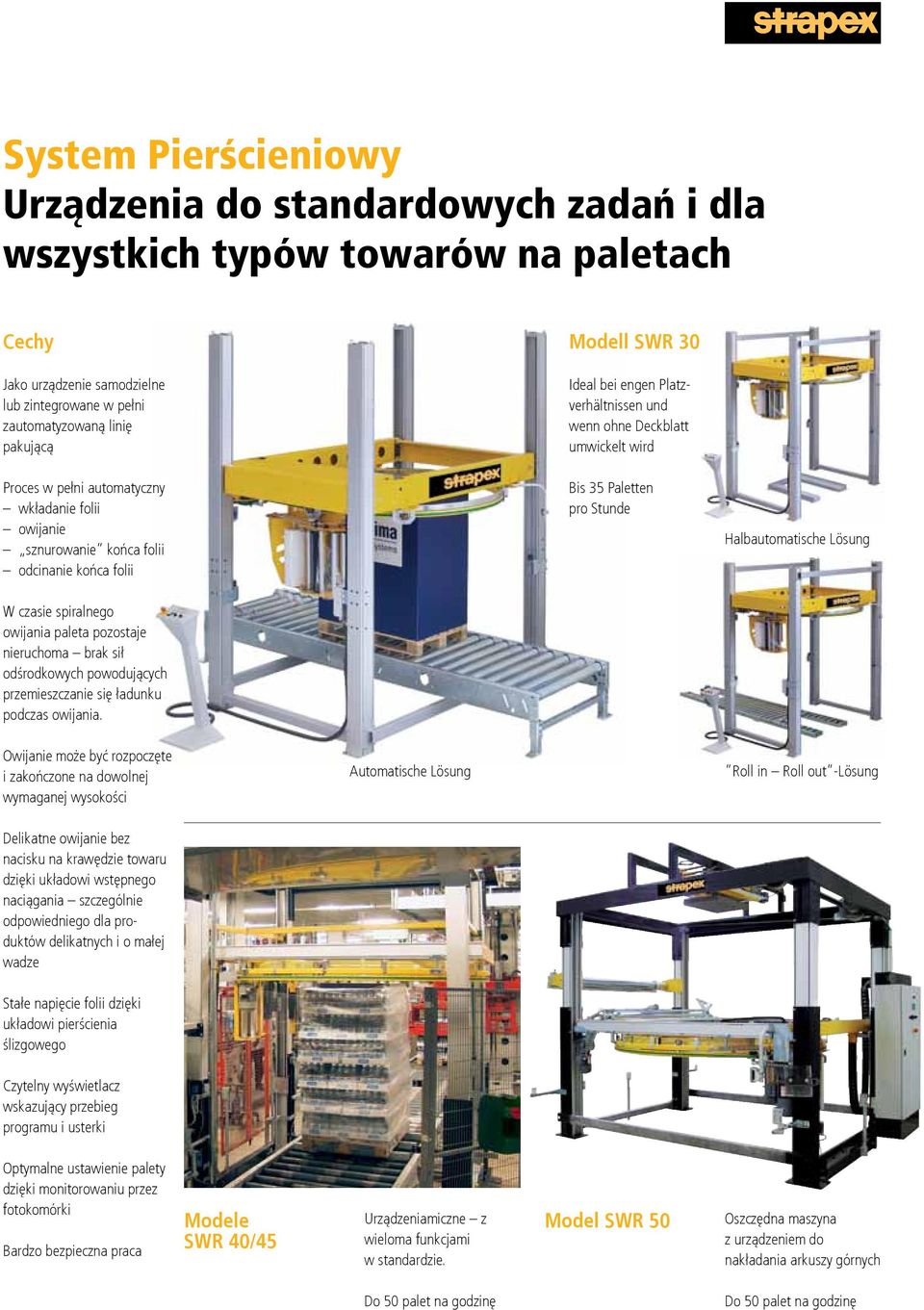 Stunde Halbautomatische Lösung W czasie spiralnego owijania paleta pozostaje nieruchoma brak sił odśrodkowych powodujących przemieszczanie się ładunku podczas owijania.