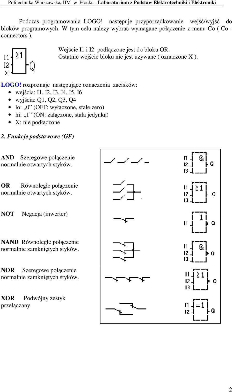 rozpoznaje naspujce oznaczenia zacisków: wejcia: I1, I2, I3, I4, I5, I6 wyjcia: 1, 2, 3, 4 lo: 0 (OFF: wyłczone, sałe zero) hi: 1 (ON: załczone, sała jedynka) X: nie podłczone 2.