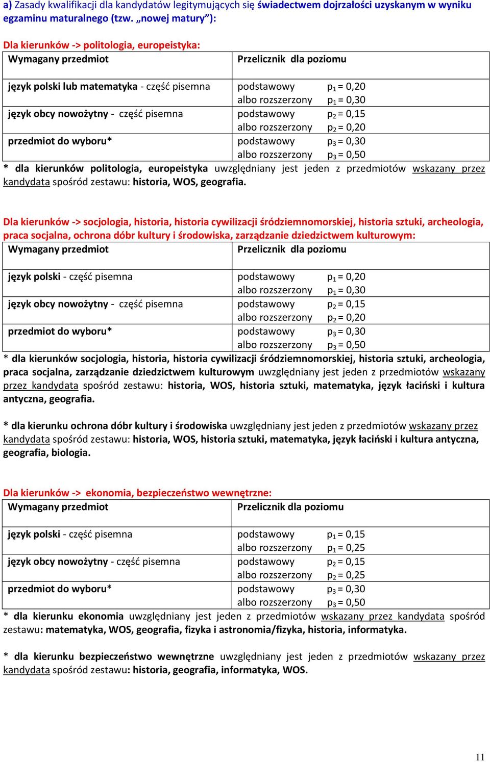 obcy nowożytny - część pisemna podstawowy p 2 = 0,15 albo rozszerzony p 2 przedmiot do wyboru* podstawowy = 0,30 albo rozszerzony = 0,50 * dla kierunków politologia, europeistyka uwzględniany jest