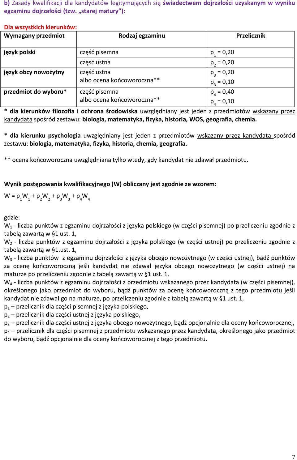 pisemna = 0,40 * dla kierunków filozofia i ochrona środowiska uwzględniany jest jeden z przedmiotów wskazany przez kandydata spośród zestawu: biologia, matematyka, fizyka, historia, WOS, geografia,