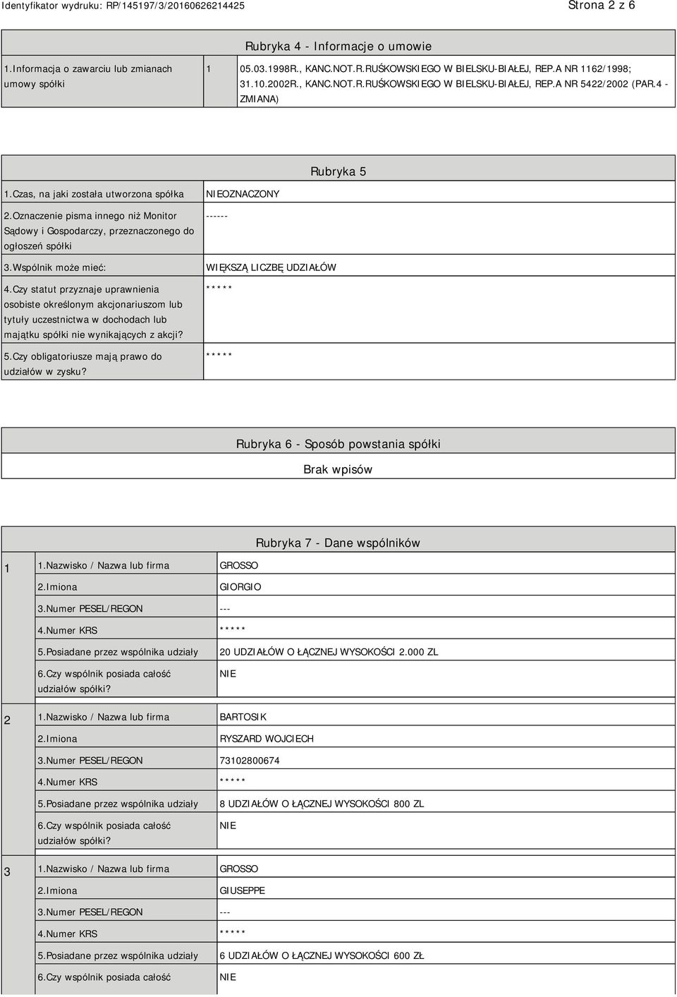 Czy statut przyznaje uprawnienia osobiste określonym akcjonariuszom lub tytuły uczestnictwa w dochodach lub majątku spółki nie wynikających z akcji? 5.