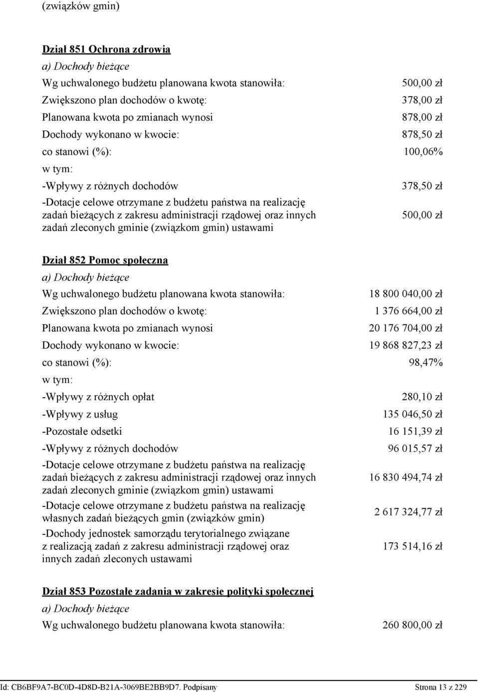 administracji rządowej oraz innych zadań zleconych gminie (związkom gmin) ustawami 378,50 zł 500,00 zł Dział 852 Pomoc społeczna a) Dochody bieżące Wg uchwalonego budżetu planowana kwota stanowiła: