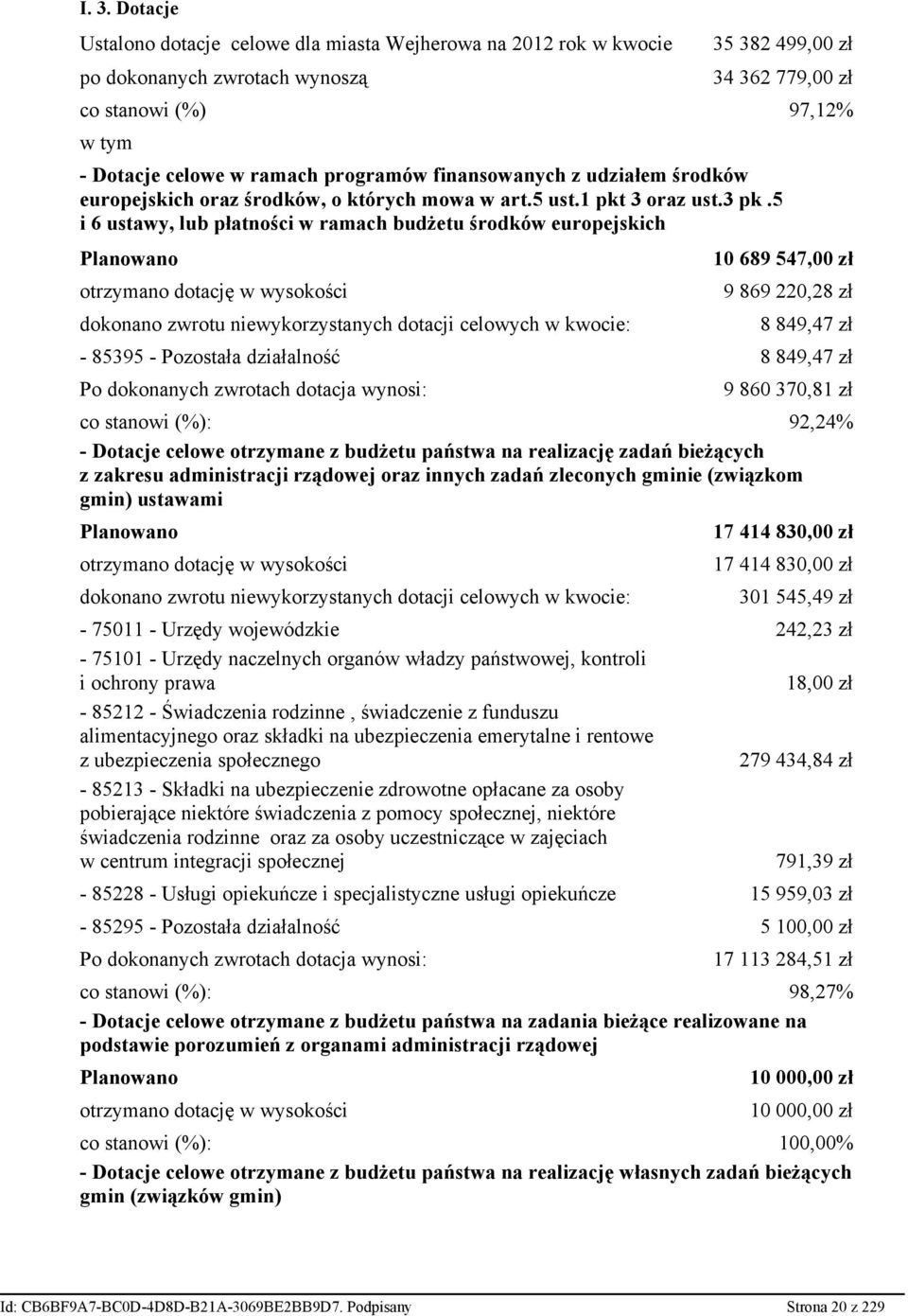 5 i 6 ustawy, lub płatności w ramach budżetu środków europejskich Planowano otrzymano dotację w wysokości dokonano zwrotu niewykorzystanych dotacji celowych w kwocie: 10 689 547,00 zł 9 869 220,28 zł