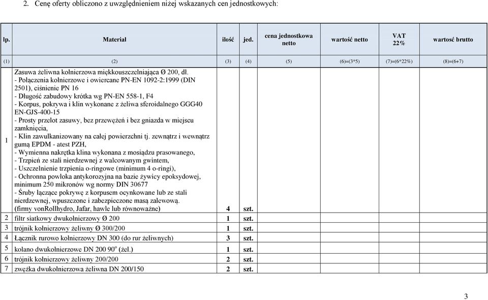 - Połączenia kołnierzowe i owiercane PN-EN 1092-2:1999 (DIN 2501), ciśnienie PN 16 - Długość zabudowy krótka wg PN-EN 558-1, F4 - Korpus, pokrywa i klin wykonane z żeliwa sferoidalnego GGG40