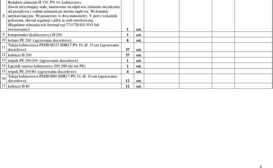 9 kompensator (kołnierzowy) Ø 200 1 szt. 10 kolano PE 200 (zgrzewanie doczołowe) 8 szt. Tuleja kołnierzowa PEHD Ø225 SDR17 PN 10, dł. 10 cm (zgrzewanie 11 doczołowe) 37 szt. 12 kołnierz Ø 200 37 szt.