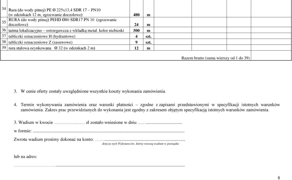 39 rura stalowa ocynkowana Ø 32 (w odcinkach 2 m) 12 m Razem brutto (suma wierszy od 1 do 39) 3. W cenie oferty zostały uwzględnione wszystkie koszty wykonania zamówienia. 4.