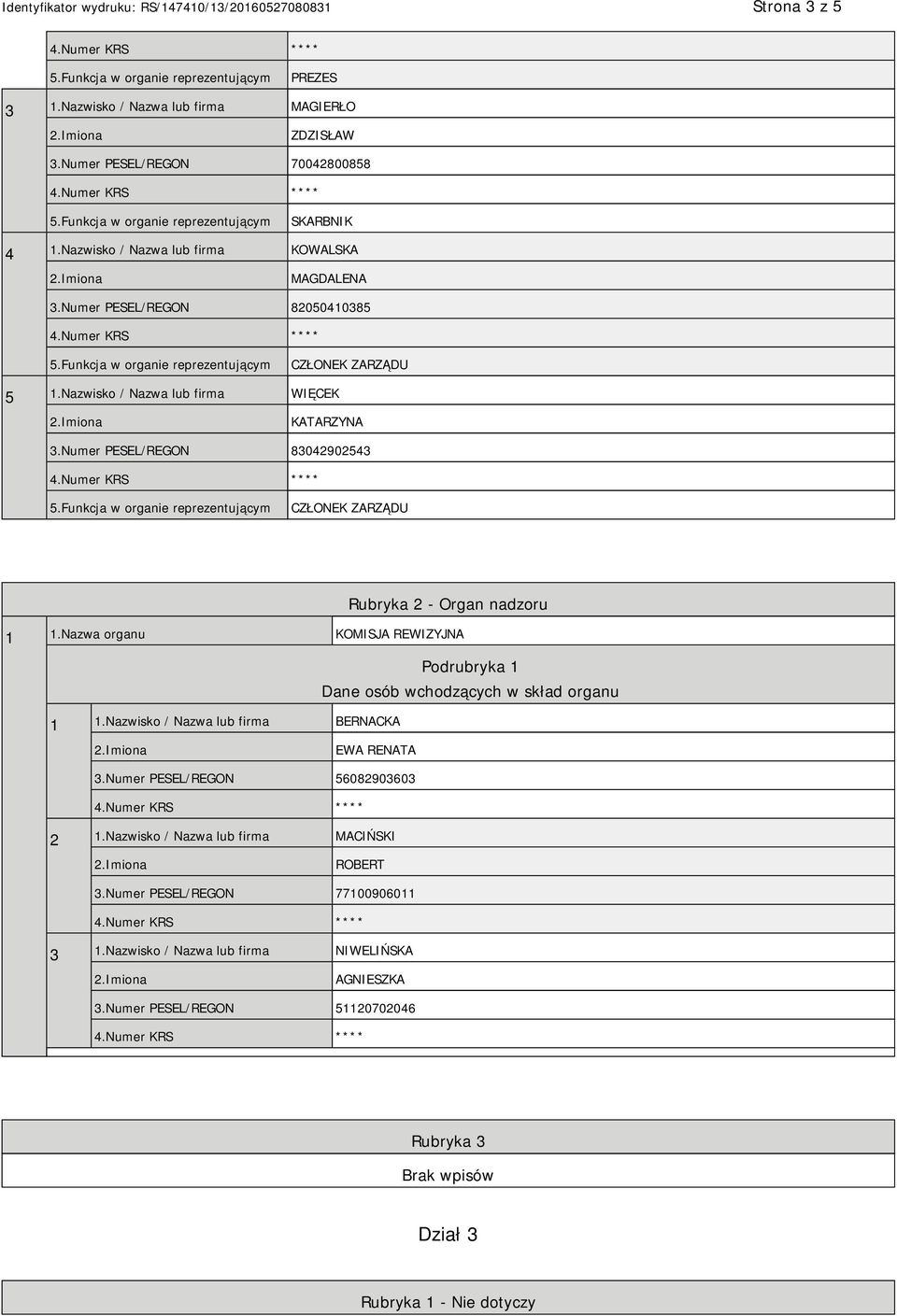 Nazwa organu KOMISJA REWIZYJNA Podrubryka 1 Dane osób wchodzących w skład organu 1 1.Nazwisko / Nazwa lub firma BERNACKA EWA RENATA 3.Numer PESEL/REGON 56082903603 2 1.