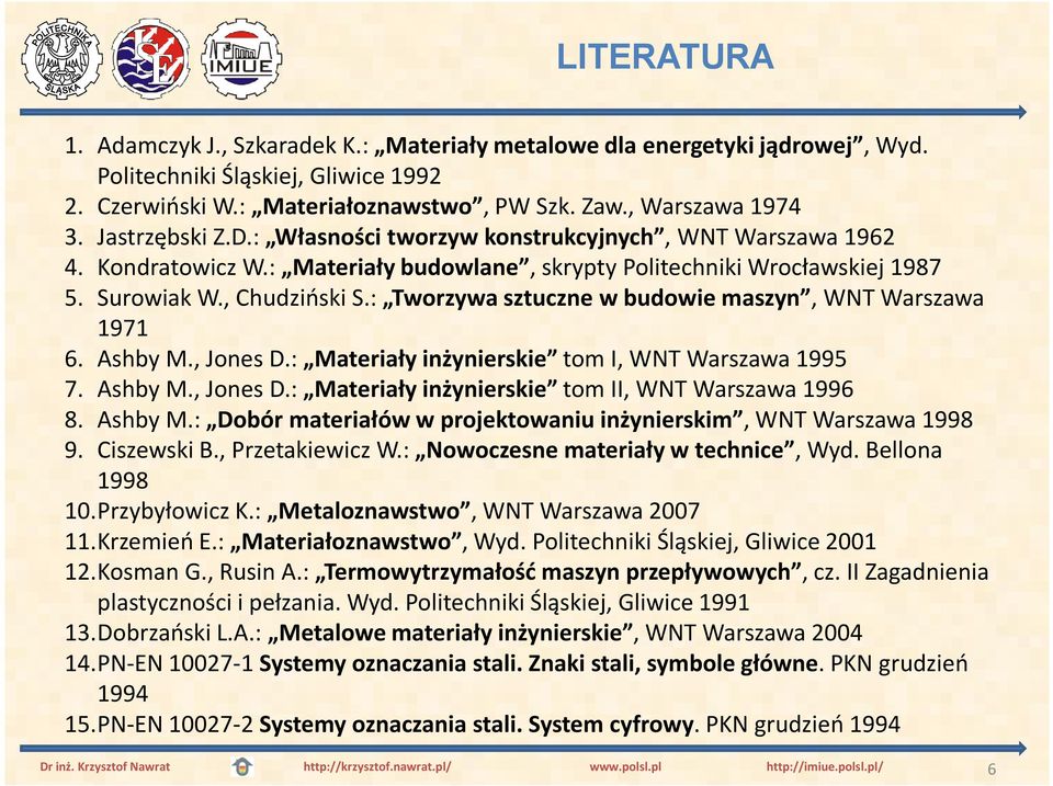 : Tworzywa sztuczne w budowie maszyn, WNT Warszawa 1971 6. Ashby M., Jones D.: Materiały inżynierskie tom I, WNT Warszawa 1995 7. Ashby M., Jones D.: Materiały inżynierskie tom II, WNT Warszawa 1996 8.