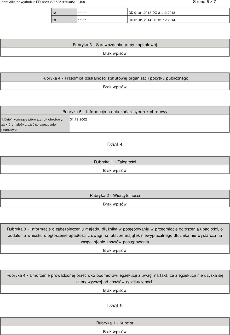 2002 Dział 4 Rubryka 1 - Zaległości Rubryka 2 - Wierzytelności Rubryka 3 - Informacje o zabezpieczeniu majątku dłużnika w postępowaniu w przedmiocie ogłoszenia upadłości, o oddaleniu wniosku o