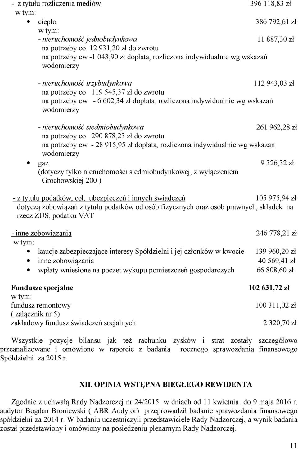 wskazań wodomierzy - nieruchomość siedmiobudynkowa 261 962,28 zł na potrzeby co 290 878,23 zł do zwrotu na potrzeby cw - 28 915,95 zł dopłata, rozliczona indywidualnie wg wskazań wodomierzy gaz 9