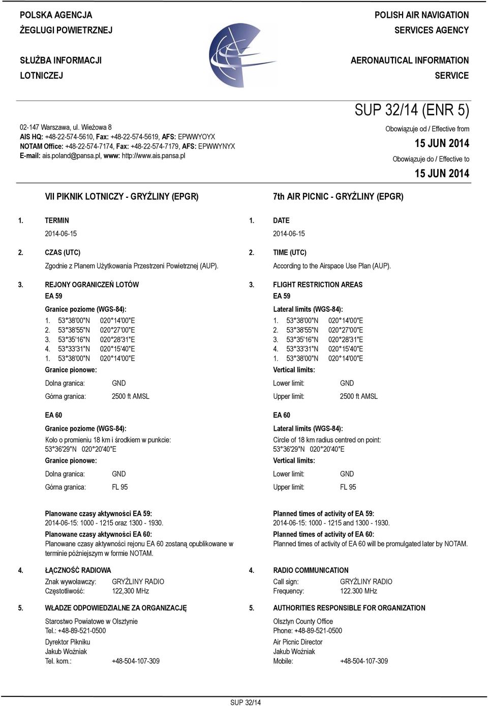 Wieżowa 8 AIS HQ: +48-22-574-5610, Fax: +48-22-574-5619, AFS: EPWWYOYX NOTAM Office: +48-22-574-7174, Fax: +48-22-574-7179, AFS: EPWWYNYX E-mail: ais.poland@pansa.