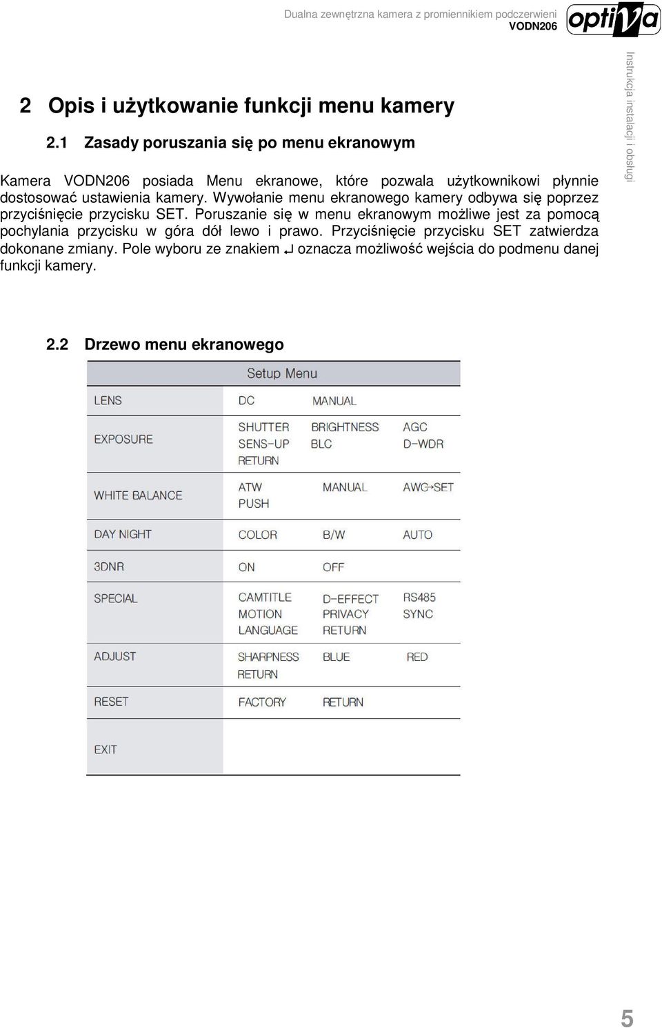 kamery. Wywołanie menu ekranowego kamery odbywa się poprzez przyciśnięcie przycisku SET.