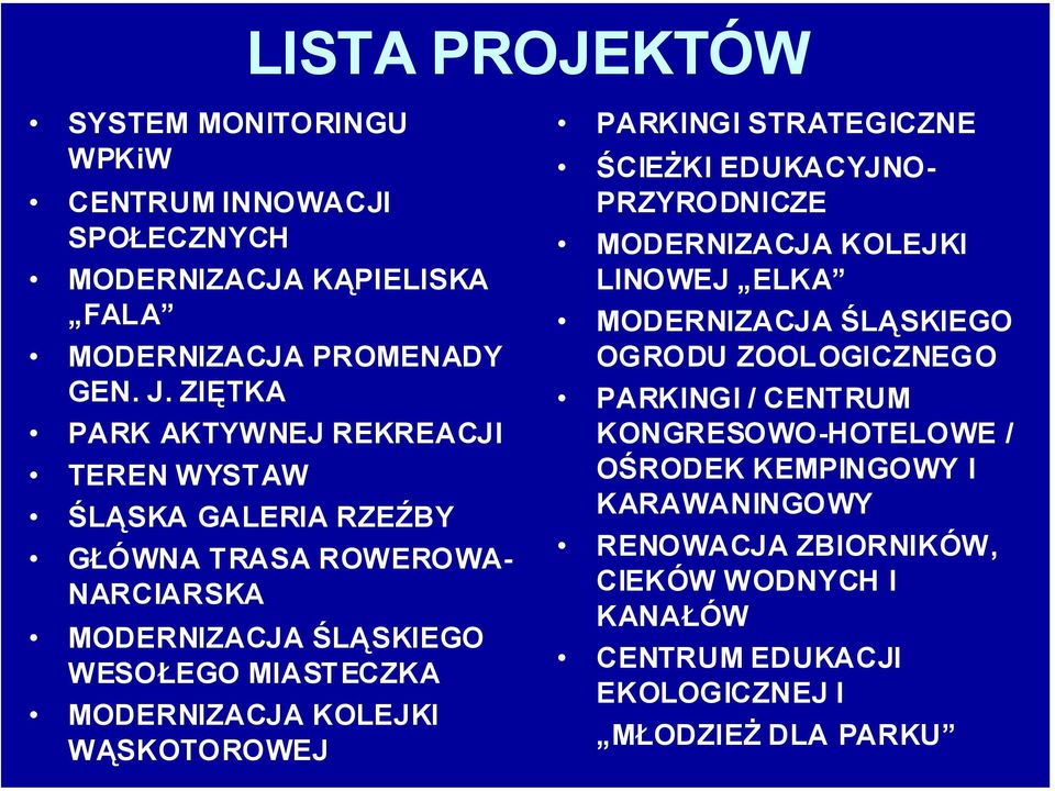 MODERNIZACJA KOLEJKI WĄSKOTOROWEJ PARKINGI STRATEGICZNE ŚCIEŻKI EDUKACYJNO- PRZYRODNICZE MODERNIZACJA KOLEJKI LINOWEJ ELKA MODERNIZACJA ŚLĄSKIEGO OGRODU