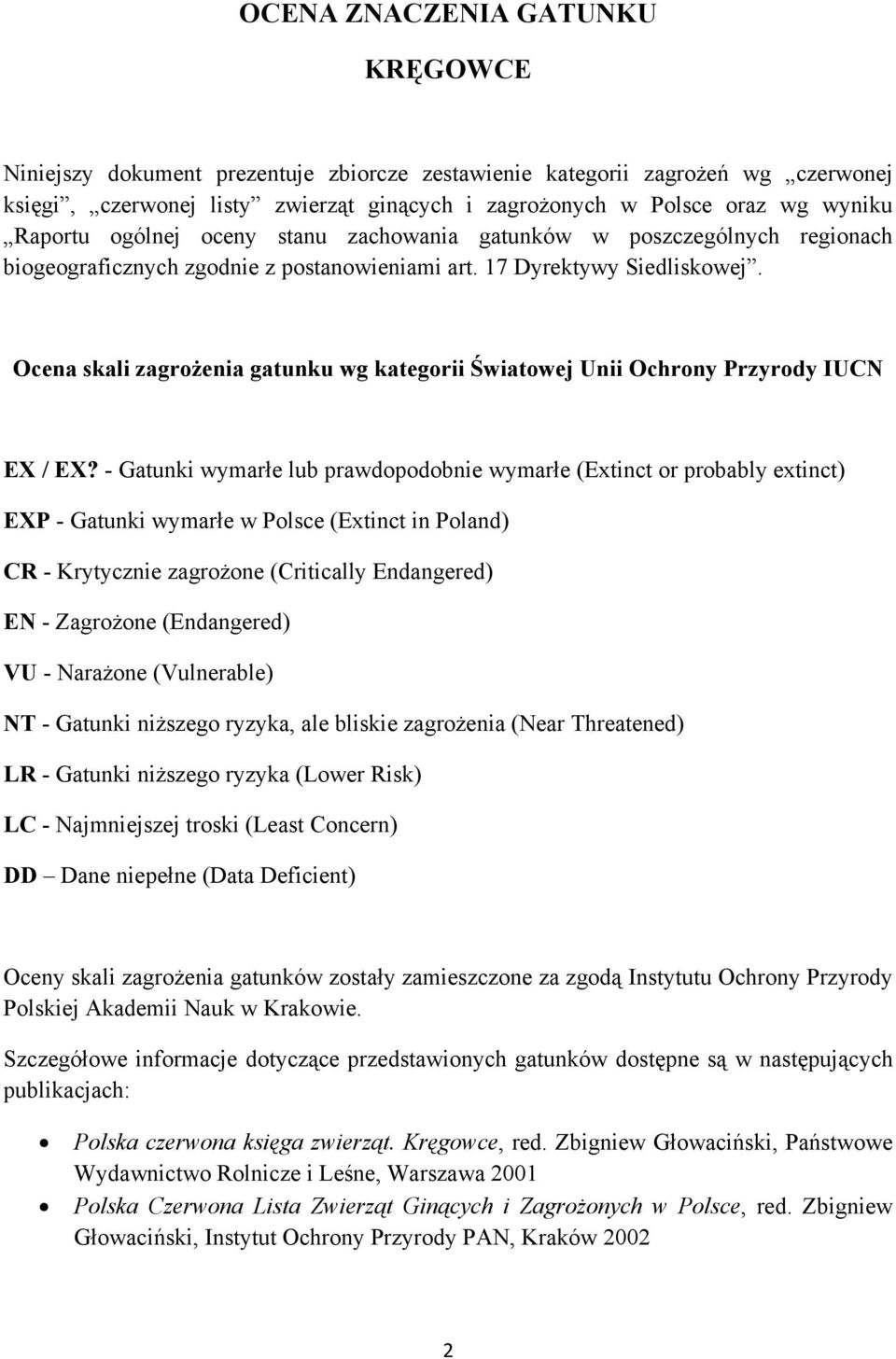 Ocena skali zagrożenia gatunku wg kategorii Światowej Unii Ochrony Przyrody IUCN EX / EX?