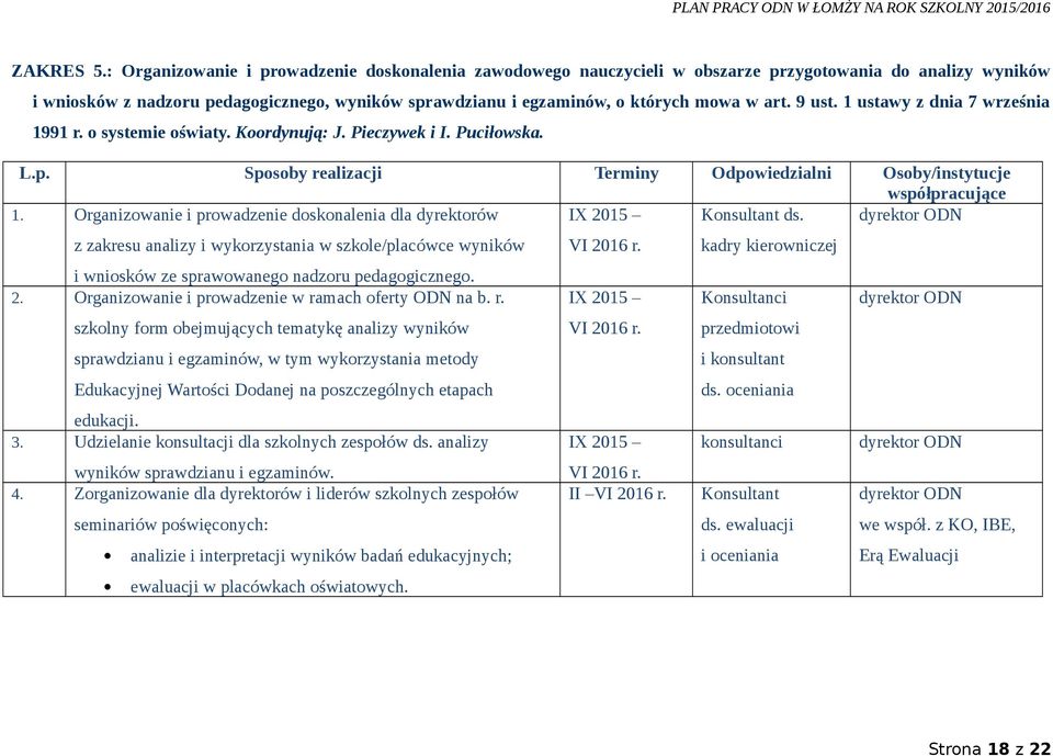 art. 9 ust. 1 ustawy z dnia 7 września 1991 r. o systemie oświaty. Koordynują: J. Pieczywek i I. Puciłowska. L.p. Sposoby realizacji Terminy Odpowiedzialni Osoby/instytucje współpracujące 1.