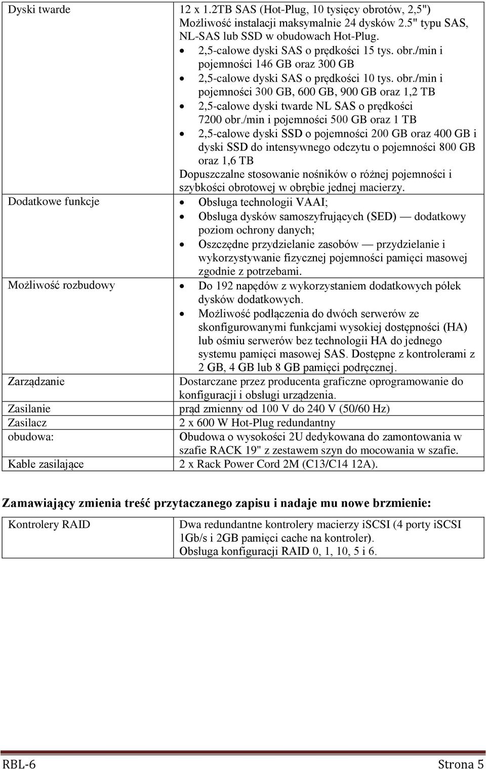 /min i pojemności 500 GB oraz 1 TB 2,5-calowe dyski SSD o pojemności 200 GB oraz 400 GB i dyski SSD do intensywnego odczytu o pojemności 800 GB Dopuszczalne stosowanie nośników o różnej pojemności i