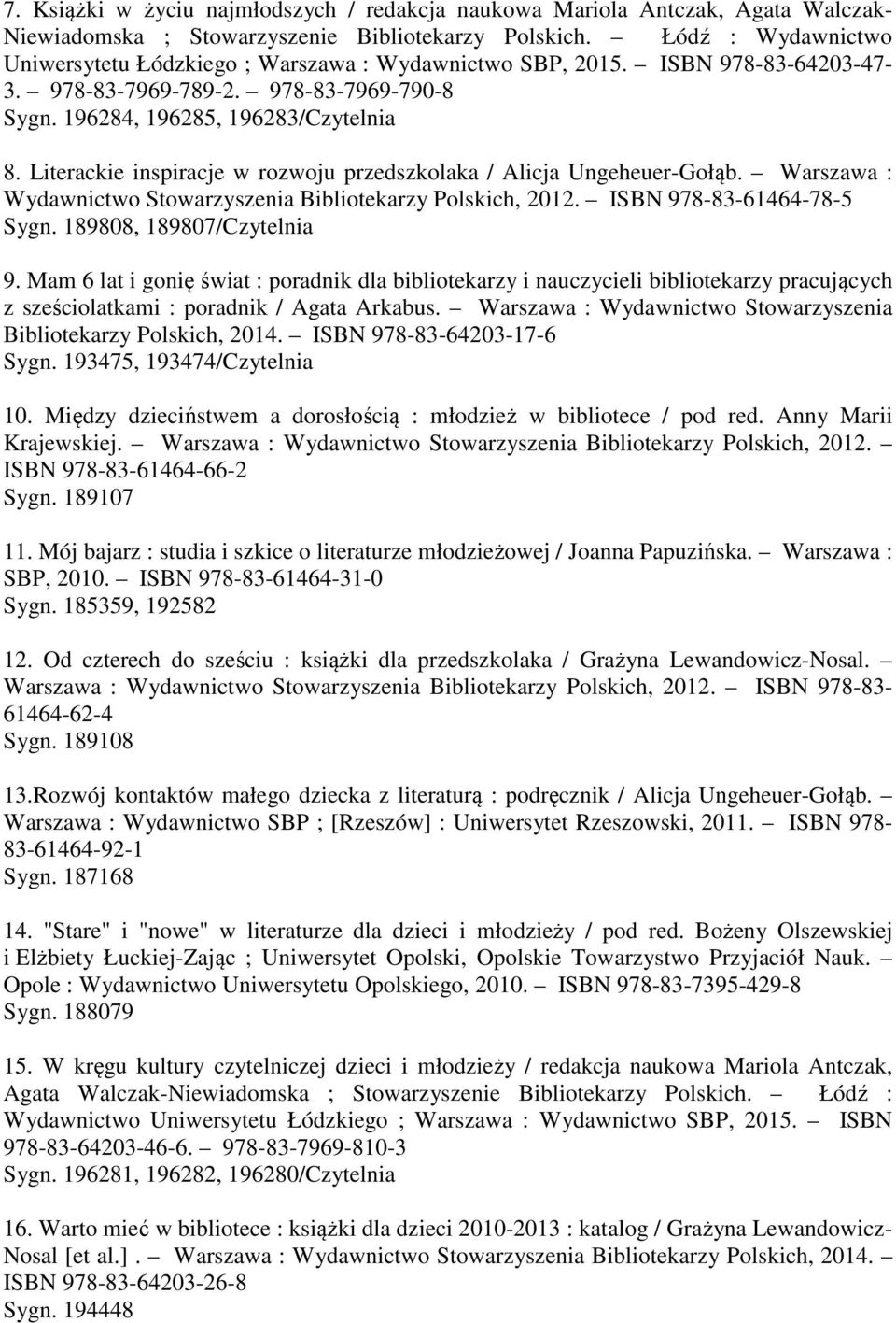 Literackie inspiracje w rozwoju przedszkolaka / Alicja Ungeheuer-Gołąb. Warszawa : Wydawnictwo Stowarzyszenia Bibliotekarzy Polskich, 2012. ISBN 978-83-61464-78-5 Sygn. 189808, 189807/Czytelnia 9.