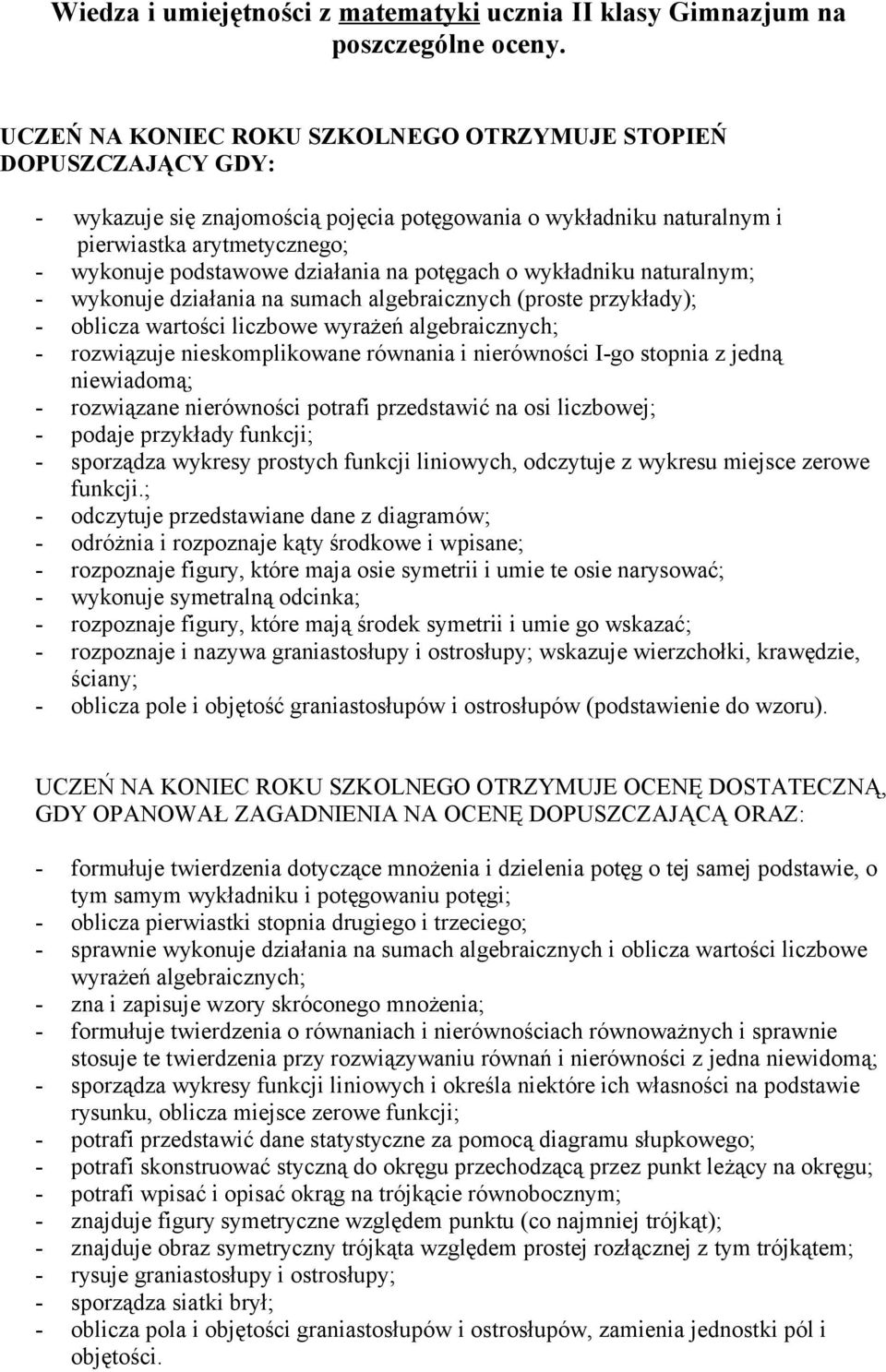 działania na potęgach o wykładniku naturalnym; - wykonuje działania na sumach algebraicznych (proste przykłady); - oblicza wartości liczbowe wyrażeń algebraicznych; - rozwiązuje nieskomplikowane