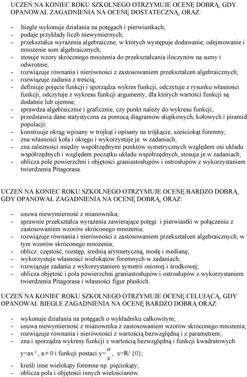 sumy i odwrotnie; - rozwiązuje równania i nierówności z zastosowaniem przekształceń algebraicznych; - rozwiązuje zadania z treścią; - definiuje pojęcie funkcji i sporządza wykres funkcji, odczytuje z