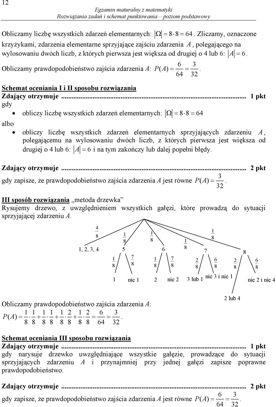 Obliczamy prawdopodobieństwo zajścia zdarzenia : 6 P ( ). 64 Schemat oceniania I i II sposobu rozwiązania Zdający otrzymuje.