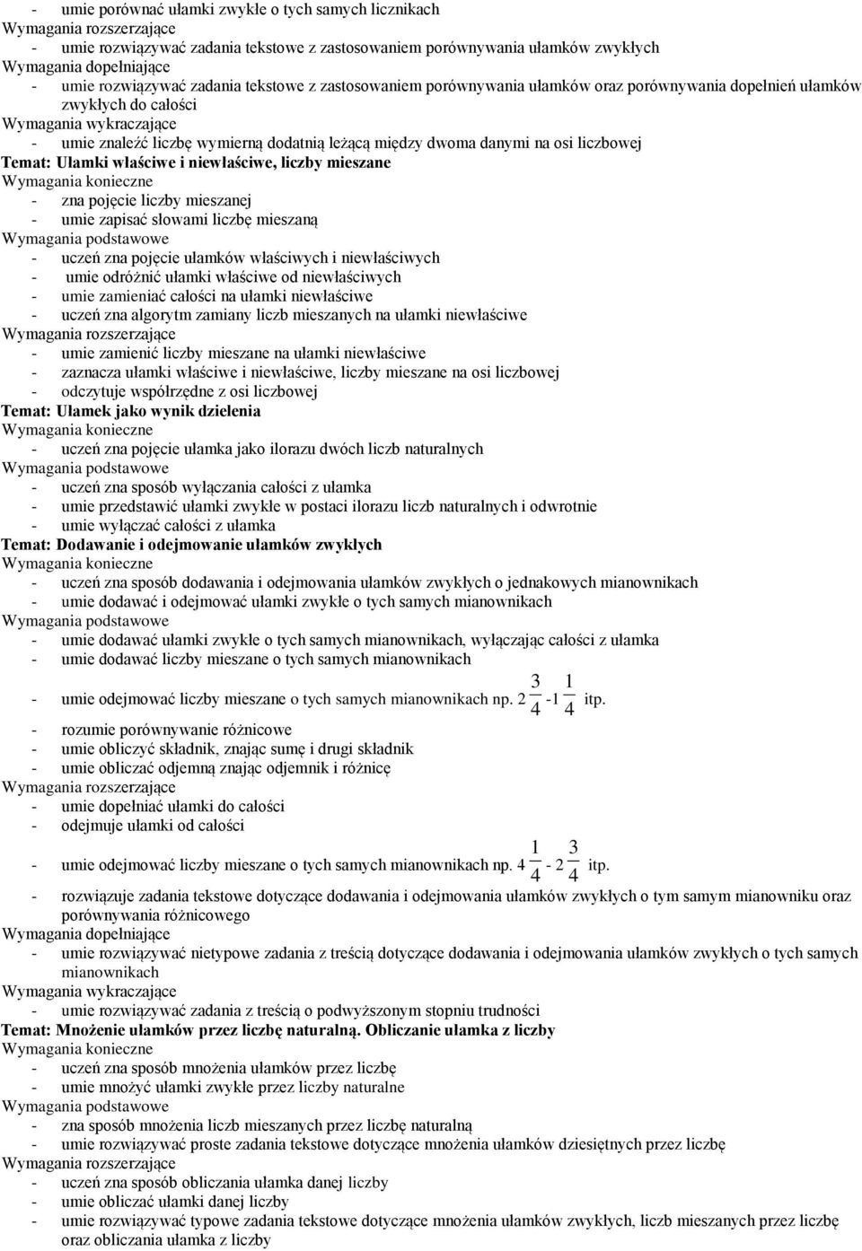 liczby mieszane - zna pojęcie liczby mieszanej - umie zapisać słowami liczbę mieszaną - uczeń zna pojęcie ułamków właściwych i niewłaściwych - umie odróżnić ułamki właściwe od niewłaściwych - umie