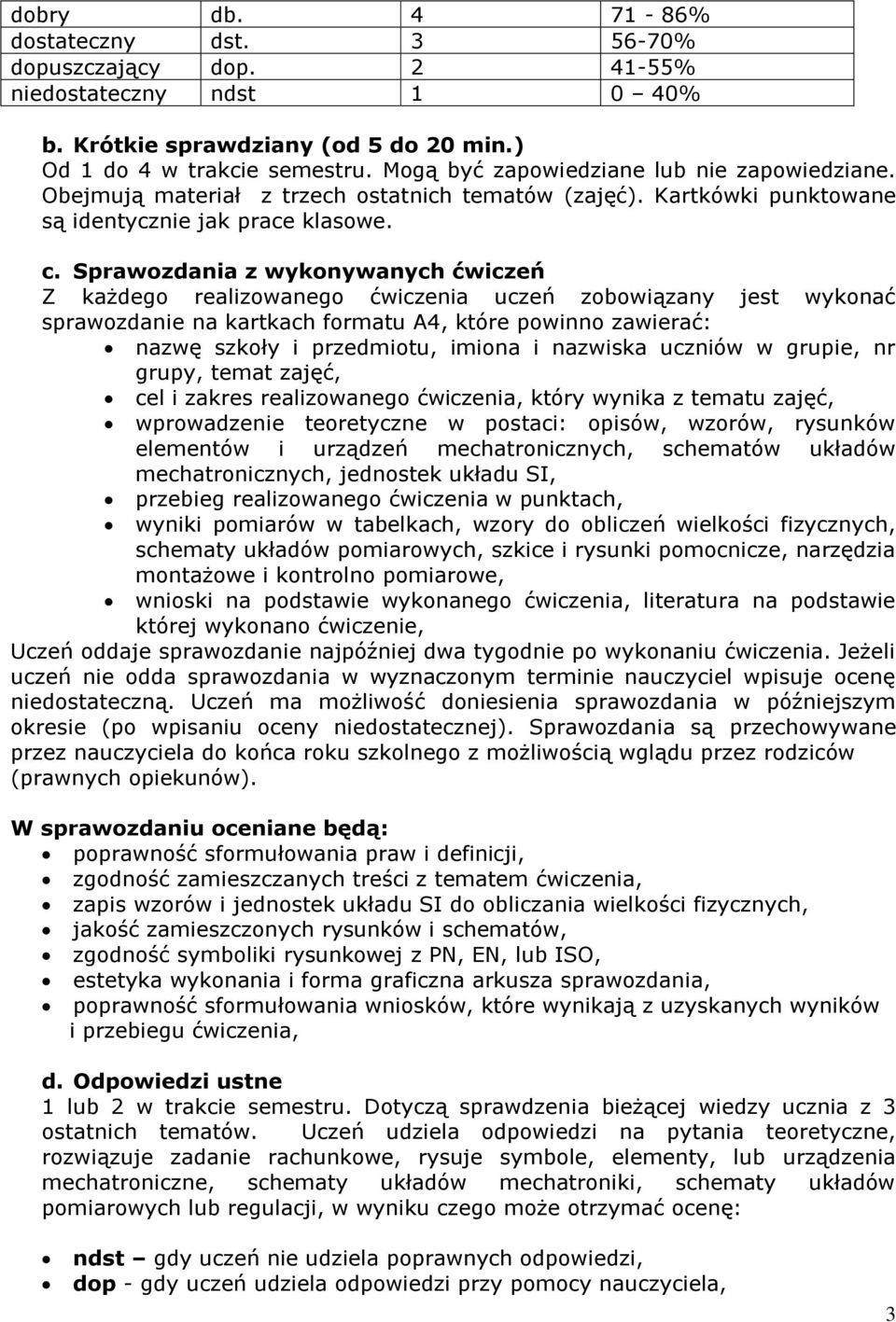 Sprawozdania z wykonywanych ćwiczeń Z każdego realizowanego ćwiczenia uczeń zobowiązany jest wykonać sprawozdanie na kartkach formatu A4, które powinno zawierać: nazwę szkoły i przedmiotu, imiona i