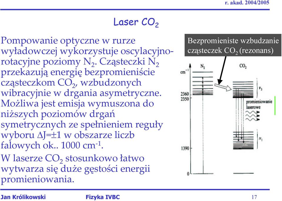 Możliwa jest emisja wymuszona do niższych poziomów drgań symetrycznych ze spełnieniem reguły wyboru J=±1 w obszarze liczb falowych