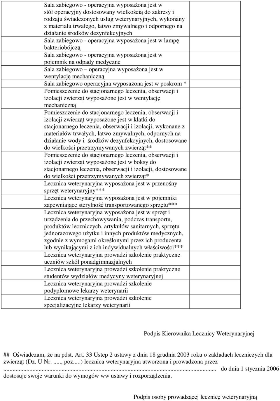 zabiegowo operacyjna wyposaŝona jest w wentylację mechaniczną Sala zabiegowo operacyjna wyposaŝona jest w poskrom * Pomieszczenie do stacjonarnego leczenia, obserwacji i izolacji zwierząt wyposaŝone