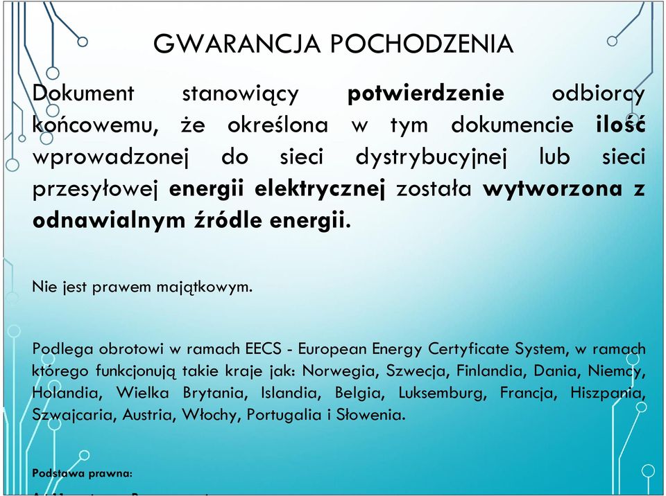 Podlega obrotowi w ramach EECS - European Energy Certyficate System, w ramach którego funkcjonują takie kraje jak: Norwegia, Szwecja, Finlandia, Dania,