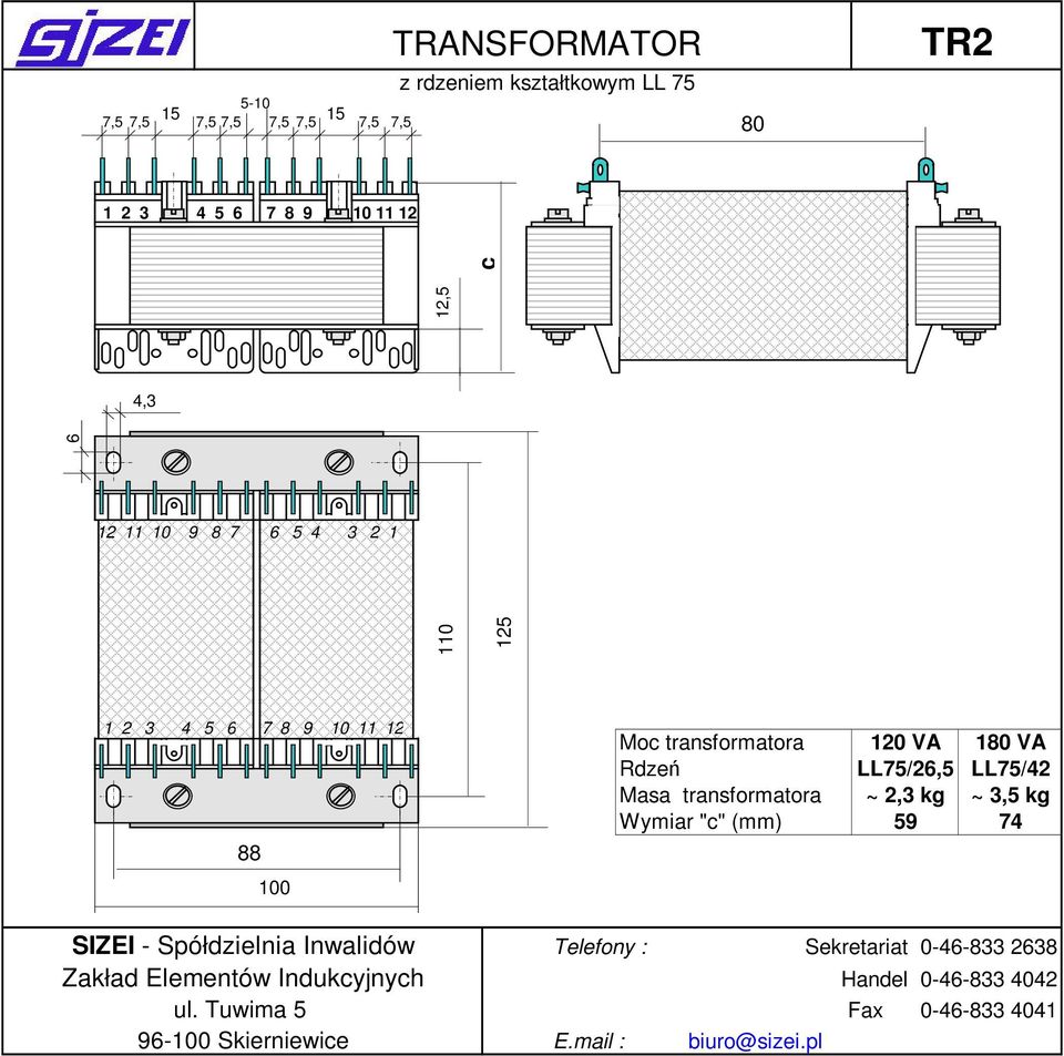 4,3 6 12,5 1 2 3 4 5 6 7 8 9 10 11 12 88 100 Moc transformatora 120 VA 180 VA