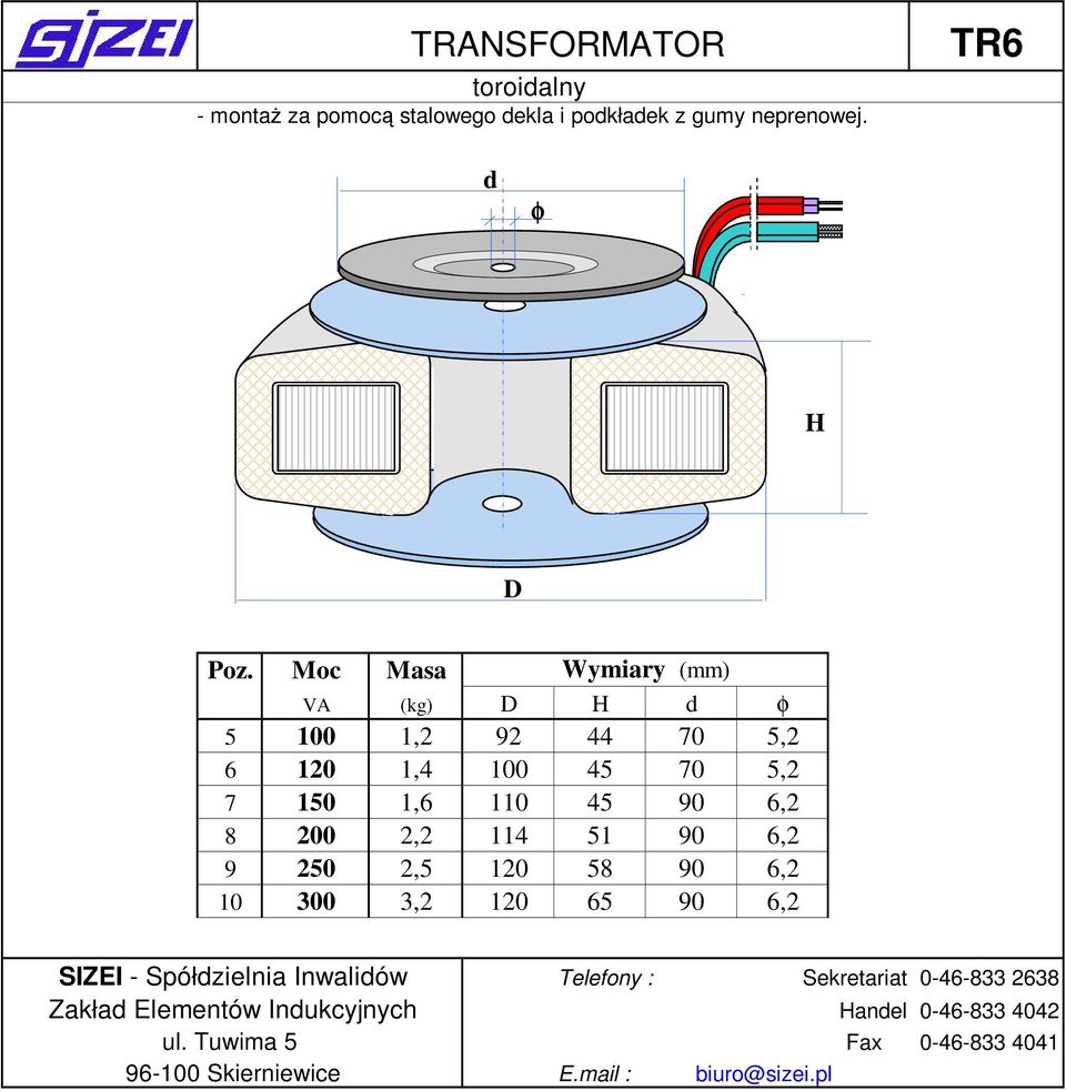 Moc Masa Wymiary (mm) VA (kg) D H d φ 5 100 1,2 92 44 70 5,2 6 120 1,4