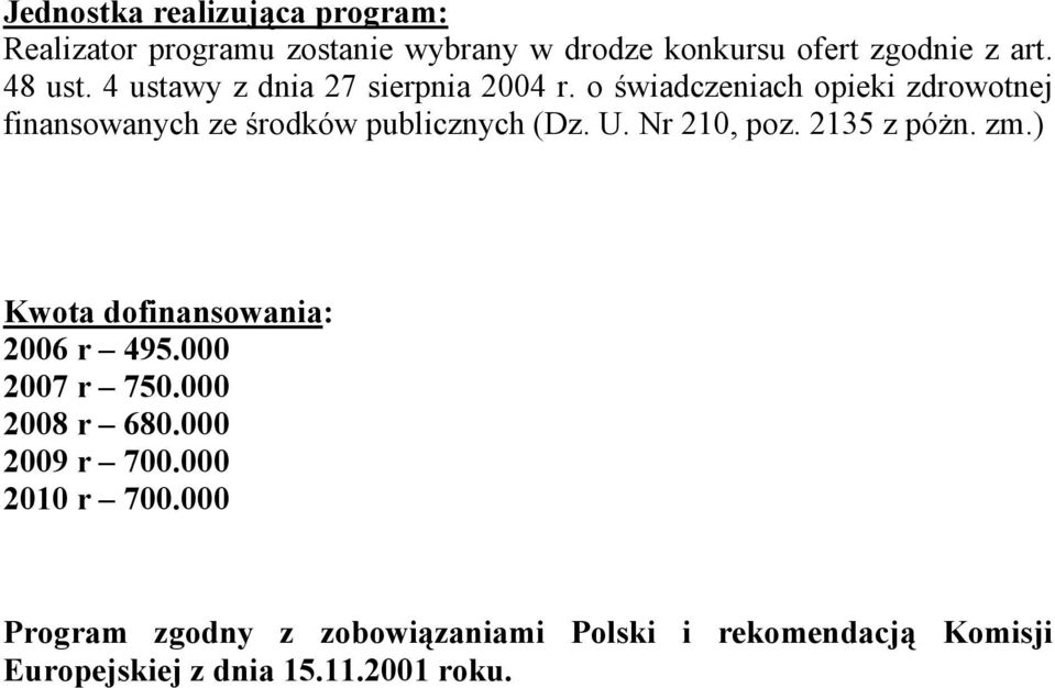 Nr 210, poz. 2135 z póżn. zm.) Kwota dofinansowania: 2006 r 495.000 2007 r 750.000 2008 r 680.000 2009 r 700.