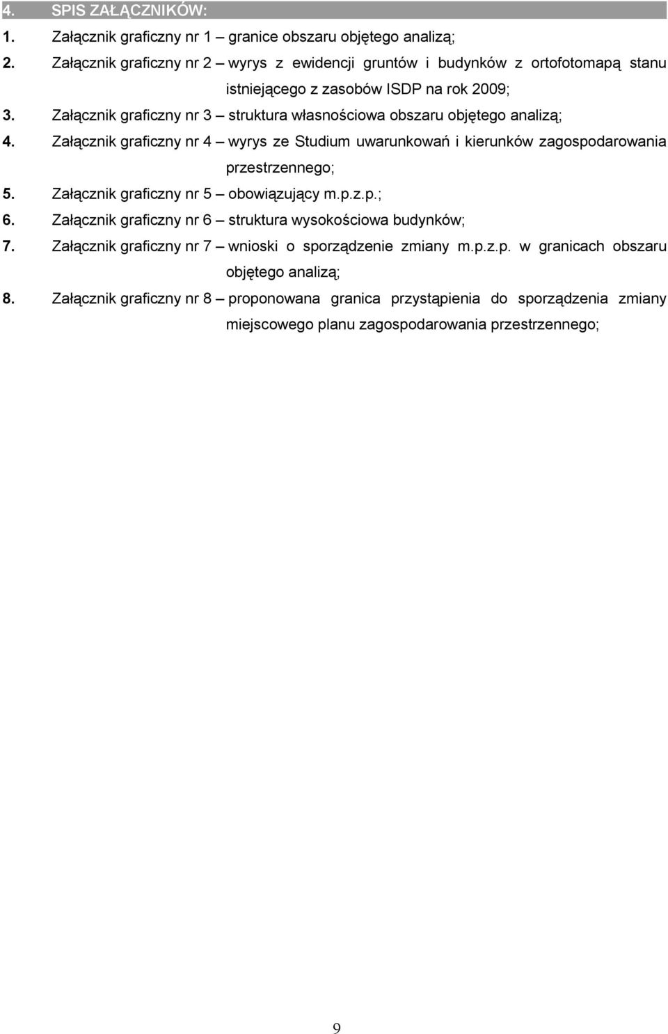 Załącznik graficzny nr 3 struktura własnościowa obszaru objętego analizą; 4. Załącznik graficzny nr 4 wyrys ze Studium uwarunkowań i kierunków zagospodarowania przestrzennego; 5.