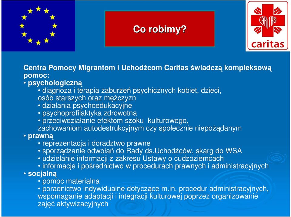 psychoedukacyjne psychoprofilaktyka zdrowotna przeciwdziałanie efektom szoku kulturowego, zachowaniom autodestrukcyjnym czy społecznie niepoŝądanym prawną reprezentacja i doradztwo