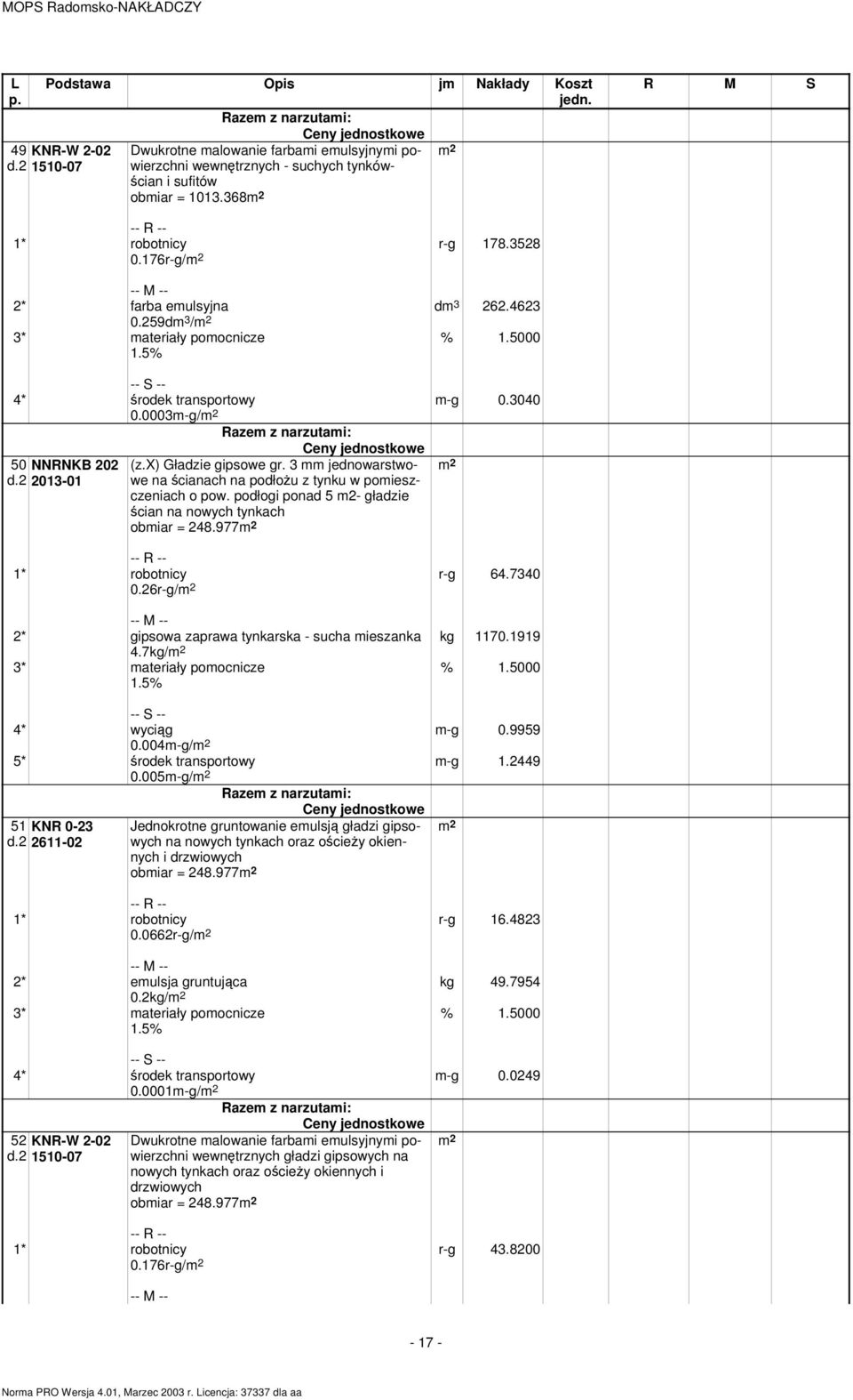 3 mm jednowarstwowe na ścianach na podłożu z tynku w pomieszczeniach o pow. podłogi ponad 5 m2- gładzie ścian na nowych tynkach obmiar = 248.977 0.26r-g/ r-g 64.7340 kg 1170.