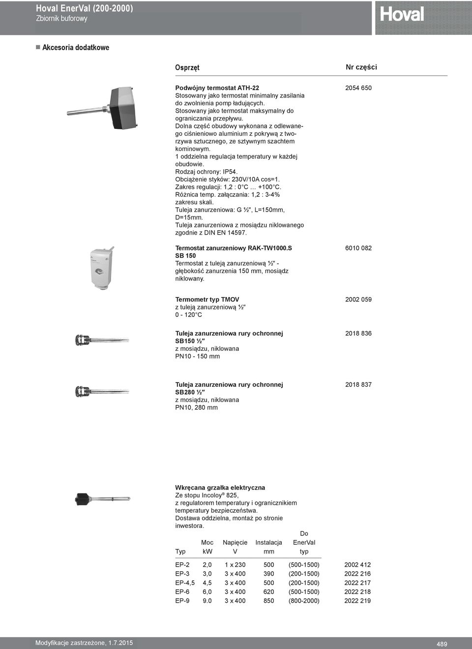 1 oddzielna regulacja temperatury w każdej obudowie. Rodzaj ochrony: IP54. Obciążenie styków: 230V/10A cos=1. Zakres regulacji: 1,2 : 0 +100. Różnica temp. załączania: 1,2 : 3-4% zakresu skali.