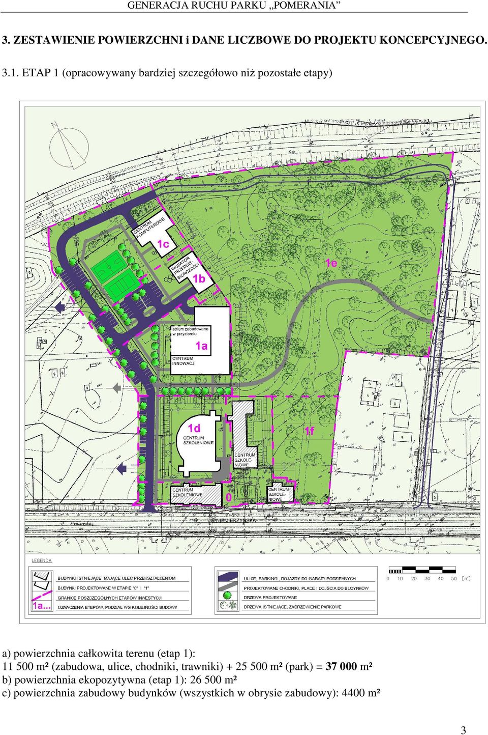 1): 11 500 m² (zabudowa, ulice, chodniki, trawniki) + 25 500 m² (park) = 37 000 m² b) powierzchnia