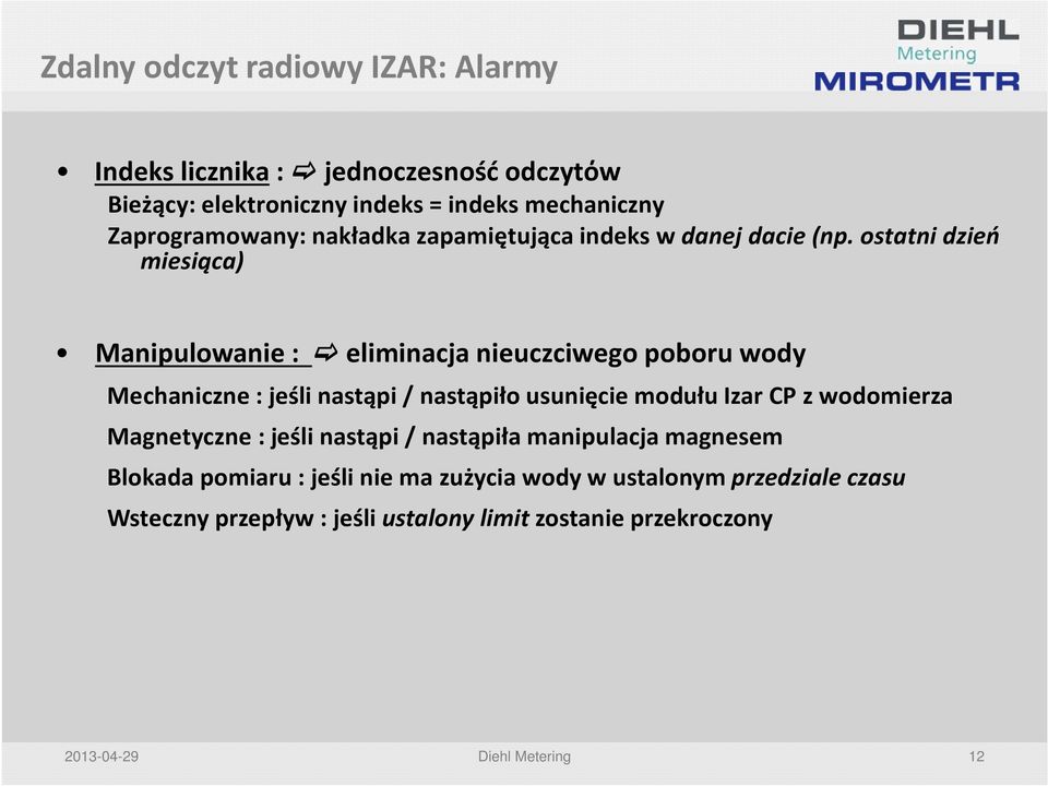 ostatni dzień miesiąca) Manipulowanie : eliminacja nieuczciwego poboru wody Mechaniczne : jeśli nastąpi / nastąpiło usunięcie modułu Izar CP z