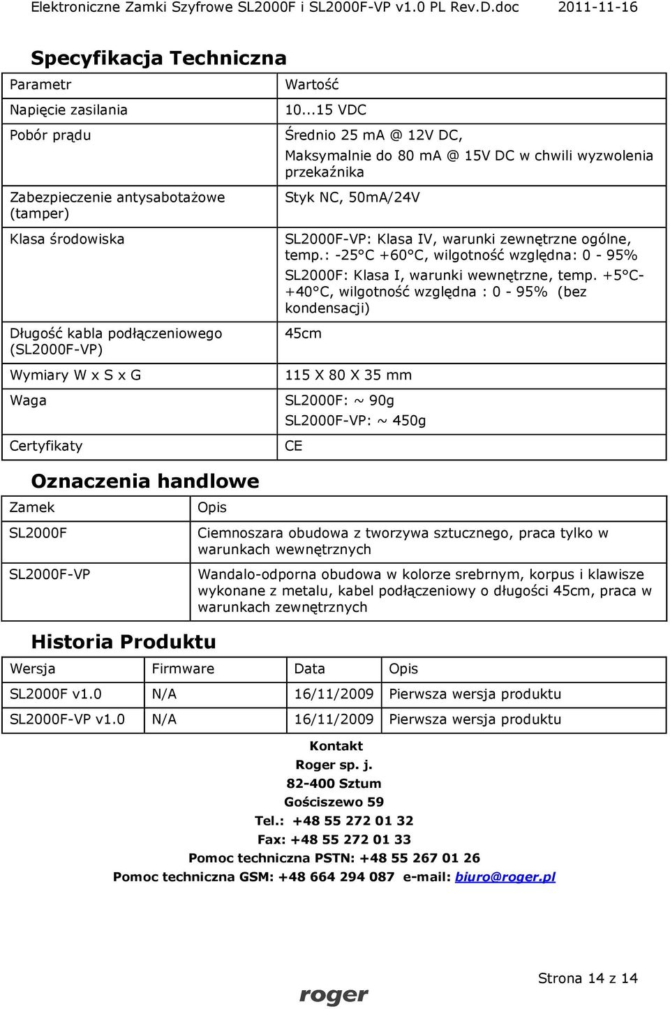 : -25 C +60 C, wilgotność względna: 0-95% SL2000F: Klasa I, warunki wewnętrzne, temp.