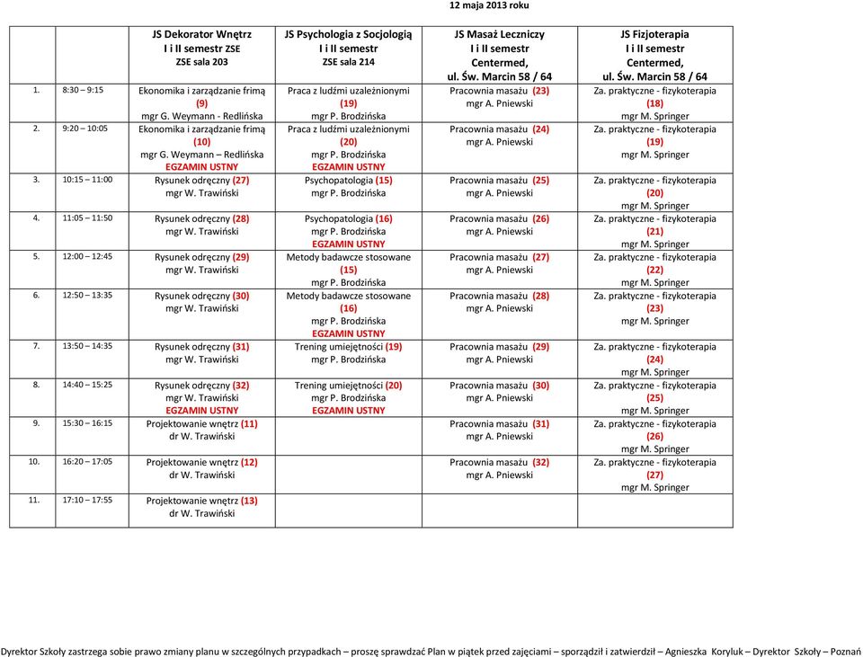 14:40 15:25 Rysunek odręczny (32) 9. 15:30 16:15 Projektowanie wnętrz (11) 10. 16:20 17:05 Projektowanie wnętrz (12) 11.