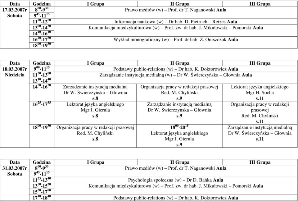 Doktorowicz Aula 11 30-13 00 (w) Aula 13 10-14 40 14 50-16 20 Organizacja pracy w redakcji 18.03.