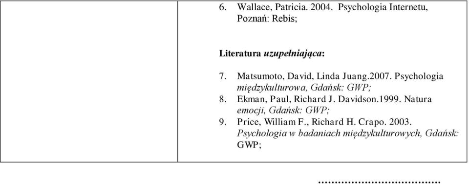 Matsumoto, David, Linda Juang.2007. Psychologia międzykulturowa, Gdańsk: GWP; 8.