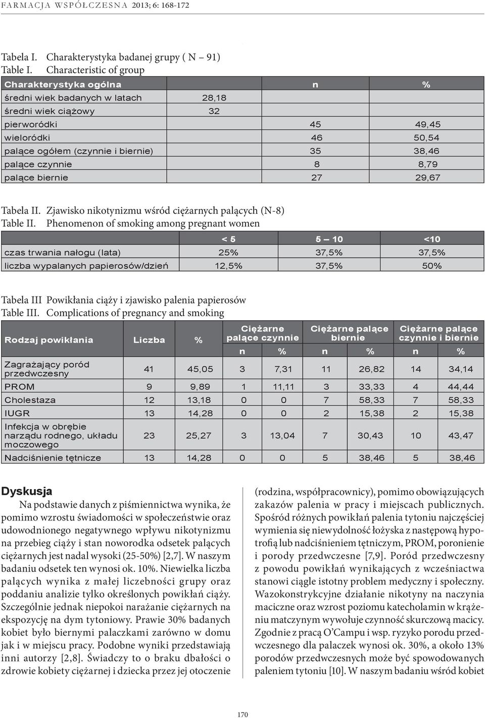 palące czynnie 8 8,79 palące biernie 27 29,67 Tabela II. Zjawisko nikotynizmu wśród ciężarnych palących (N-8) Table II.