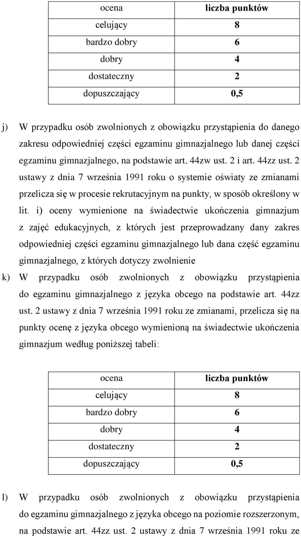 2 ustawy z dnia 7 września 1991 roku o systemie oświaty ze zmianami przelicza się w procesie rekrutacyjnym na punkty, w sposób określony w lit.