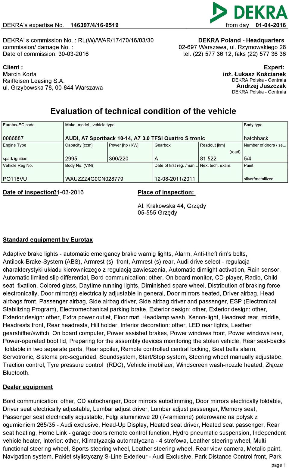 Łukasz Kościanek DEKRA Polska - Centrala Andrzej Juszczak DEKRA Polska - Centrala Evaluation of technical condition of the vehicle Eurotax-EC code Make, model, vehicle type Body type 0086887 AUDI, A7