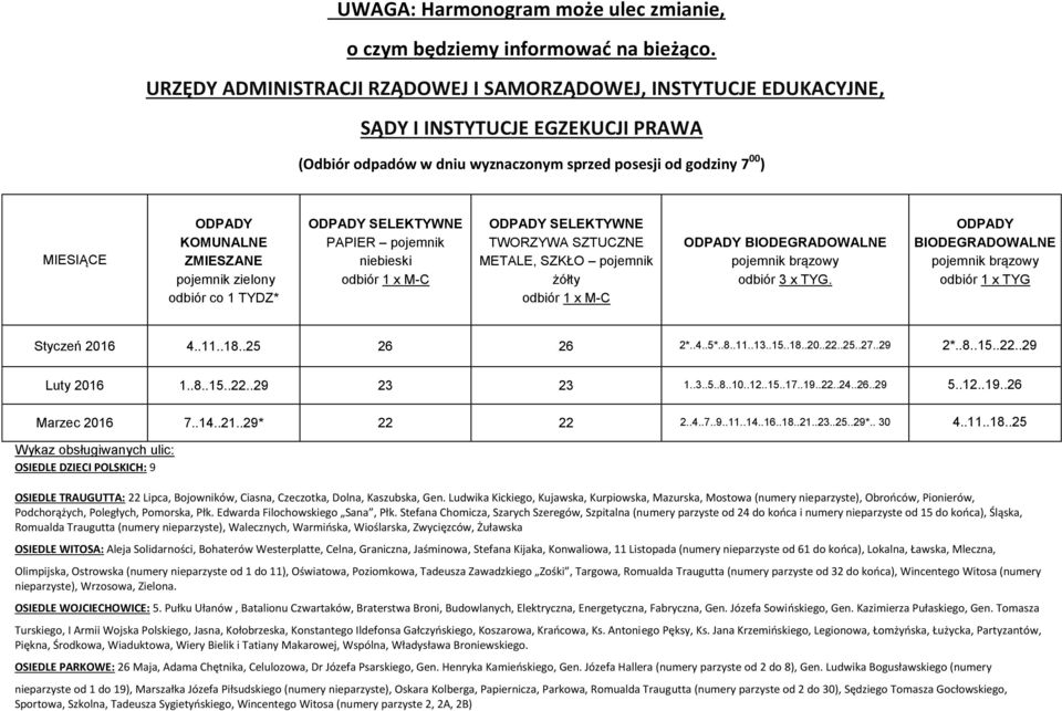 .26..29 5..12..19..26 Marzec 2016 7..14..21..29* 22 22 2..4..7..9..11..14..16..18..21..23..25..29*.. 30 4..11..18..25 OSIEDLE DZIECI POLSKICH: 9 OSIEDLE TRAUGUTTA: 22 Lipca, Bojowników, Ciasna, Czeczotka, Dolna, Kaszubska, Gen.