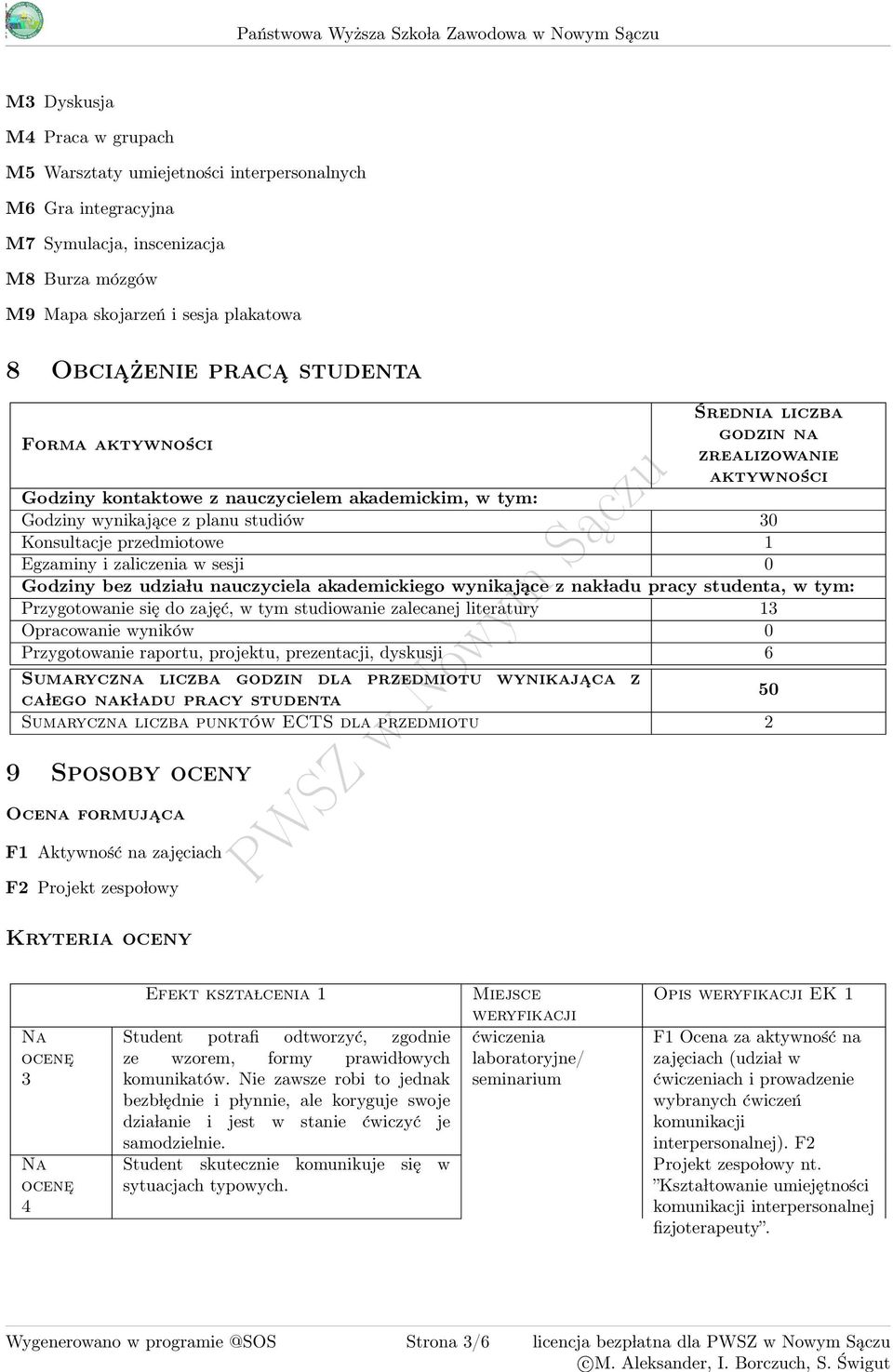 akademickim, w tym: Godziny wynikające z planu studiów 30 Konsultacje przedmiotowe 1 Egzaminy i zaliczenia w sesji 0 Godziny bez udzia lu nauczyciela akademickiego wynikające z nak ladu pracy