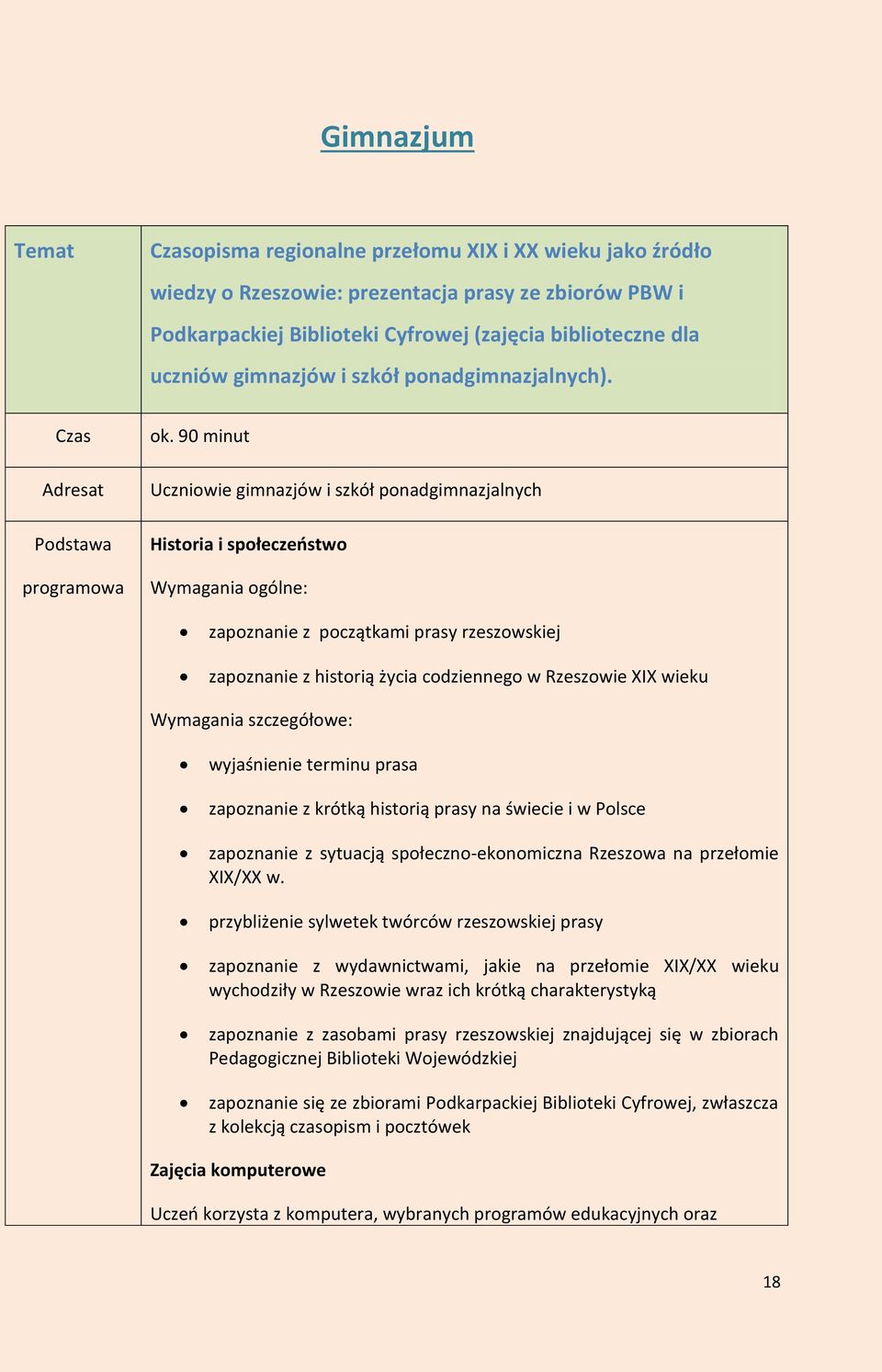 90 minut Uczniowie gimnazjów i szkół ponadgimnazjalnych Historia i społeczeństwo Wymagania ogólne: zapoznanie z początkami prasy rzeszowskiej zapoznanie z historią życia codziennego w Rzeszowie XIX